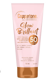 Sunscreen, Coppertone, lotion sunscreen, SPF 50 with shimmer glow, lightweight and water resistant for sun protection.